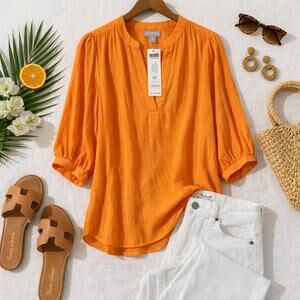 Chicos Orange Blouse Crinkled Bold V-Neck 3/4 Sleeve NWT XS